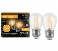 Лампа Gauss LED Filament Шар E27 5W 4100K (2 лампы в упак.) (105802205Р)