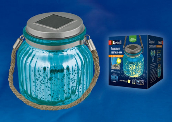 USL-M-210/GN120 BLUE JAR Садовый светильник на солнечной батарее. Теплый белый свет. 1*АА Ni-Mh аккумулятор в/к. IP44. TM Uniel., шк 4690485098454